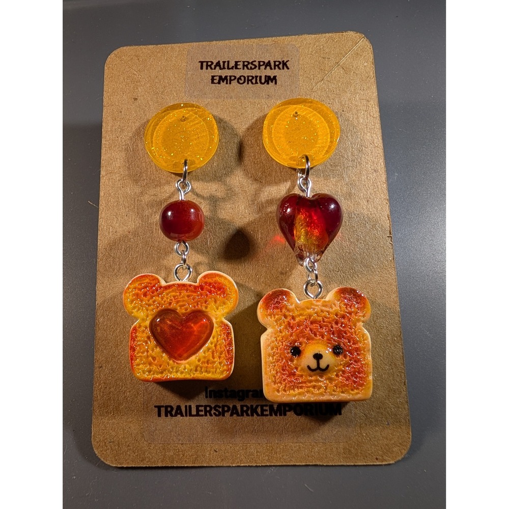 Trailerspark Emporium Bear Toast Mismatched Dangle Earrings Nickel Free Kawaii